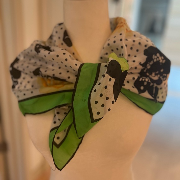 Silk chiffon scarf in green, black, and white with yellow floral pattern. - Picture 3 of 6